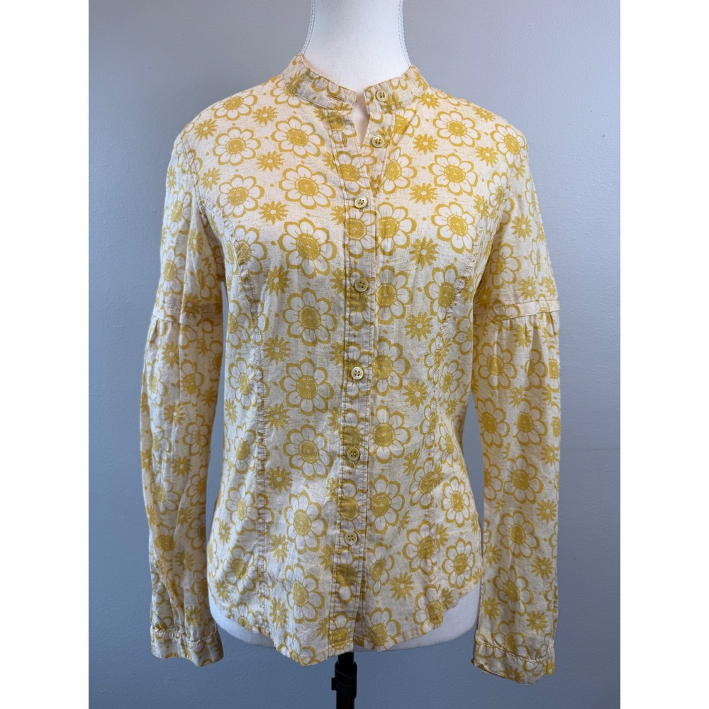 Fei Anthropologie Size 8 Yellow Floral Cotton Mandarin Collar Retro Blouse